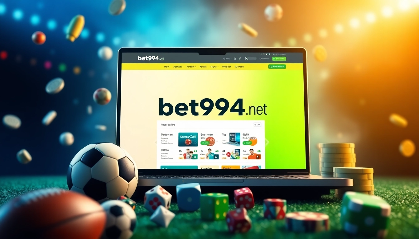 Engage with bet994.net's immersive online betting experience with a vibrant digital interface surrounded by sports elements.