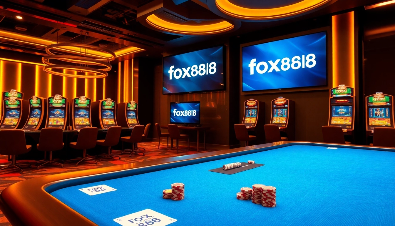 The lively fox888 casino scene highlights exciting gaming tables and slot machines.