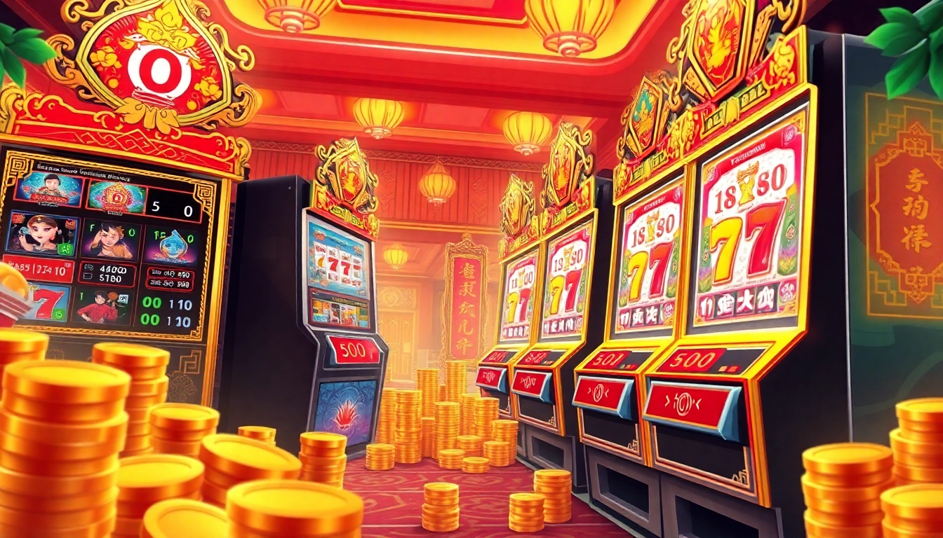 Experience เว็บสล็อตทดลอง with vibrant slot machines and traditional Thai designs in a lively gaming atmosphere.