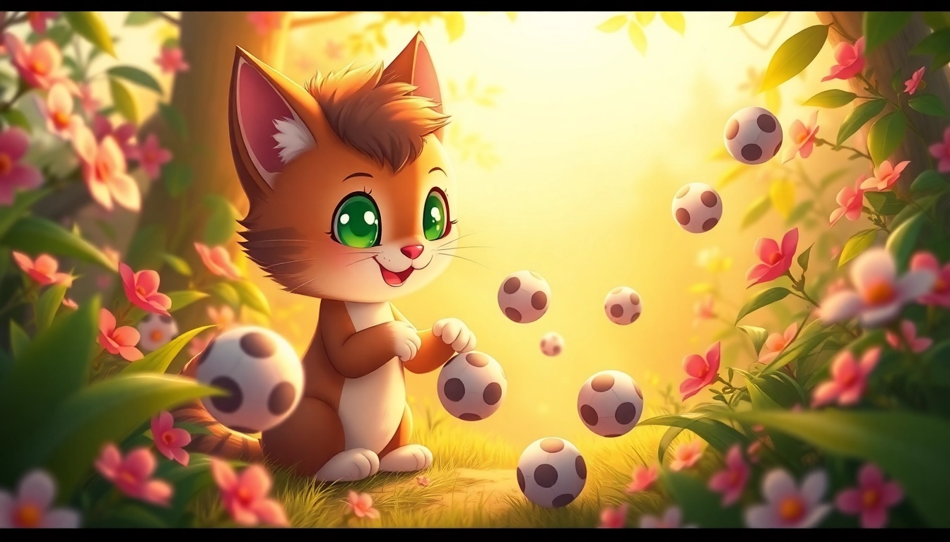 Delightful cat888 character plays joyfully in a vibrant garden filled with colorful lottery balls.