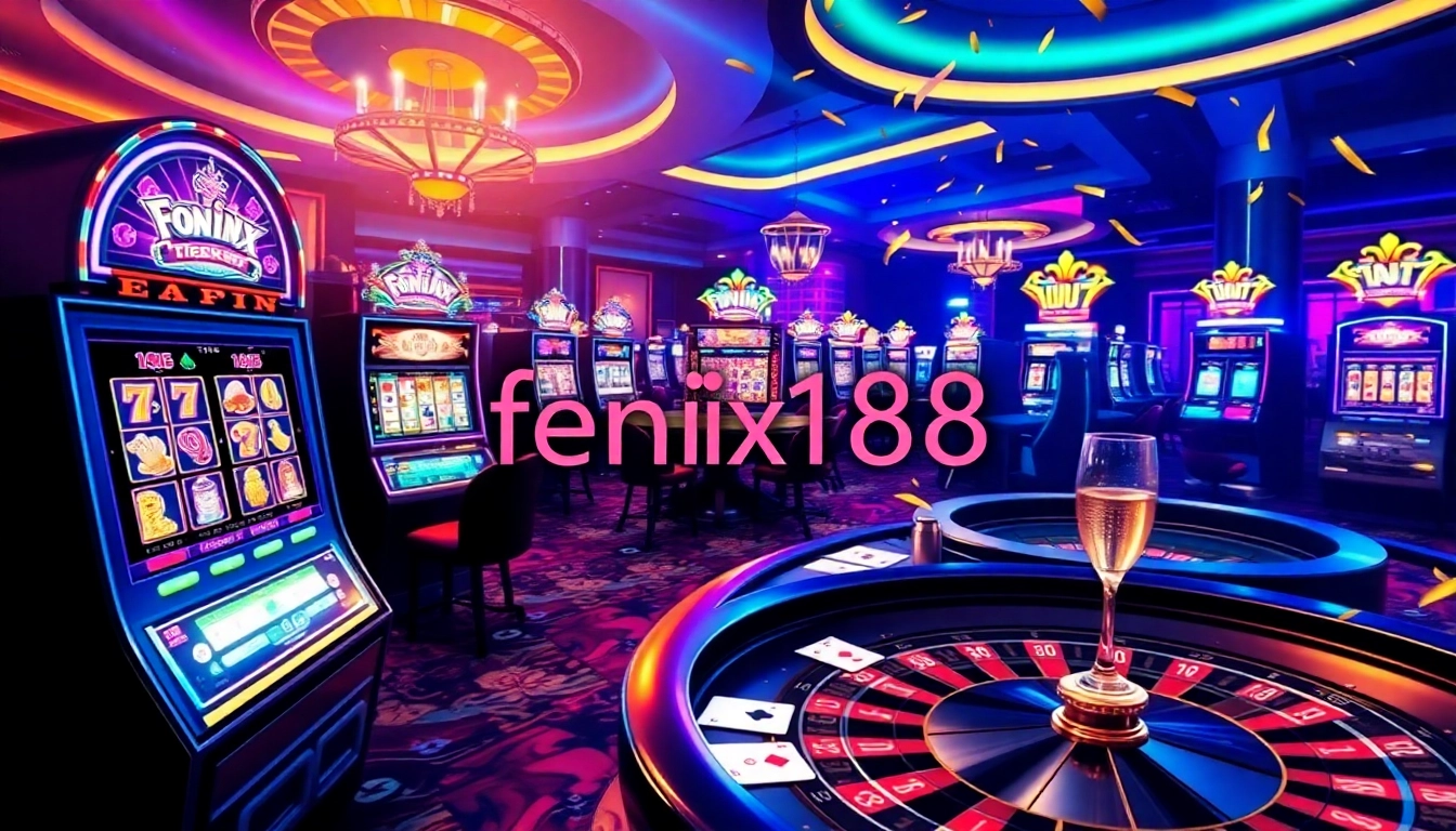 Experience exciting gameplay at FENIX168's luxurious casino featuring vibrant slot machines and poker tables.