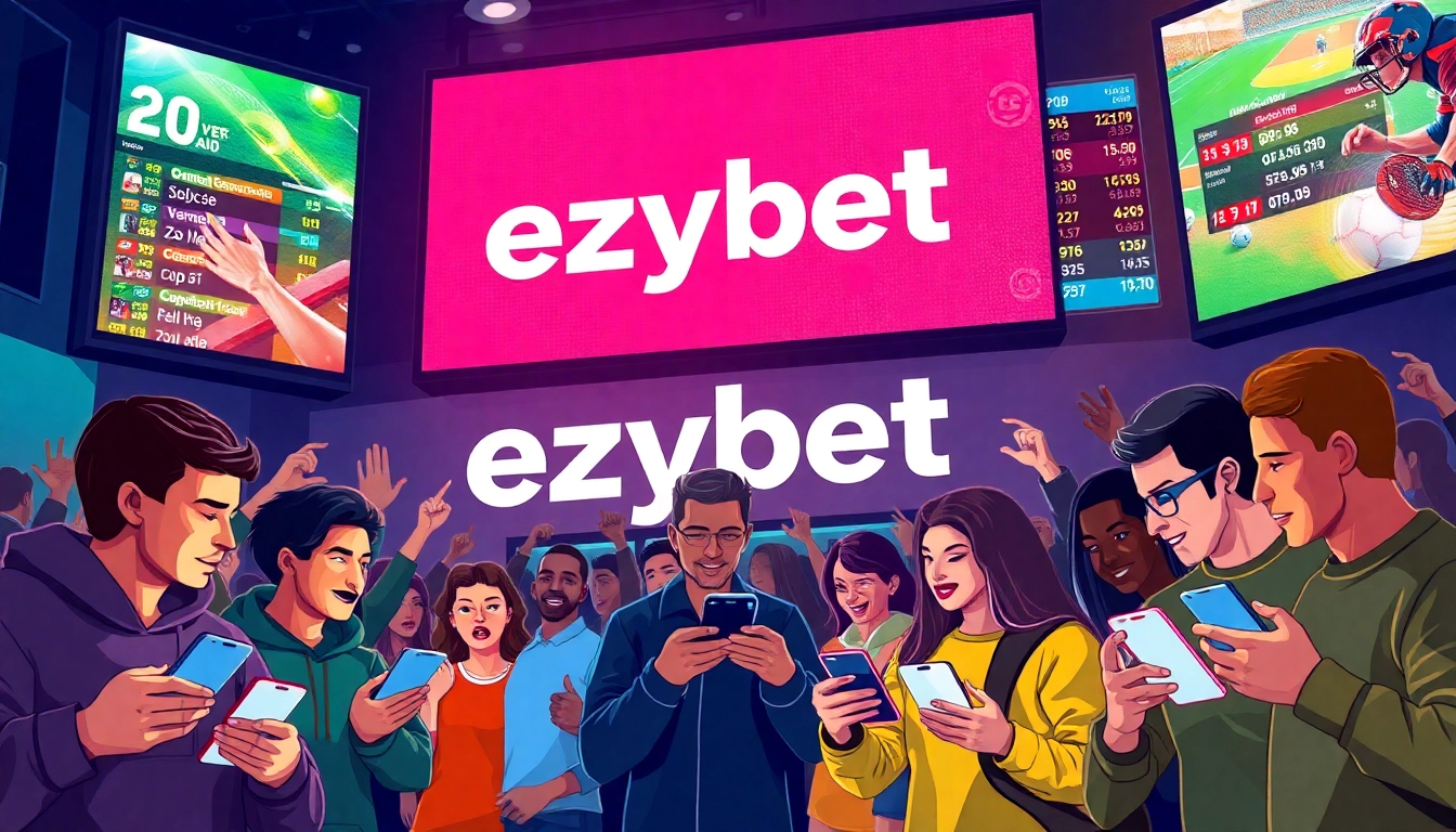 Engaging ezybet betting scene showcasing enthusiastic bettors and digital screens displaying live sports.