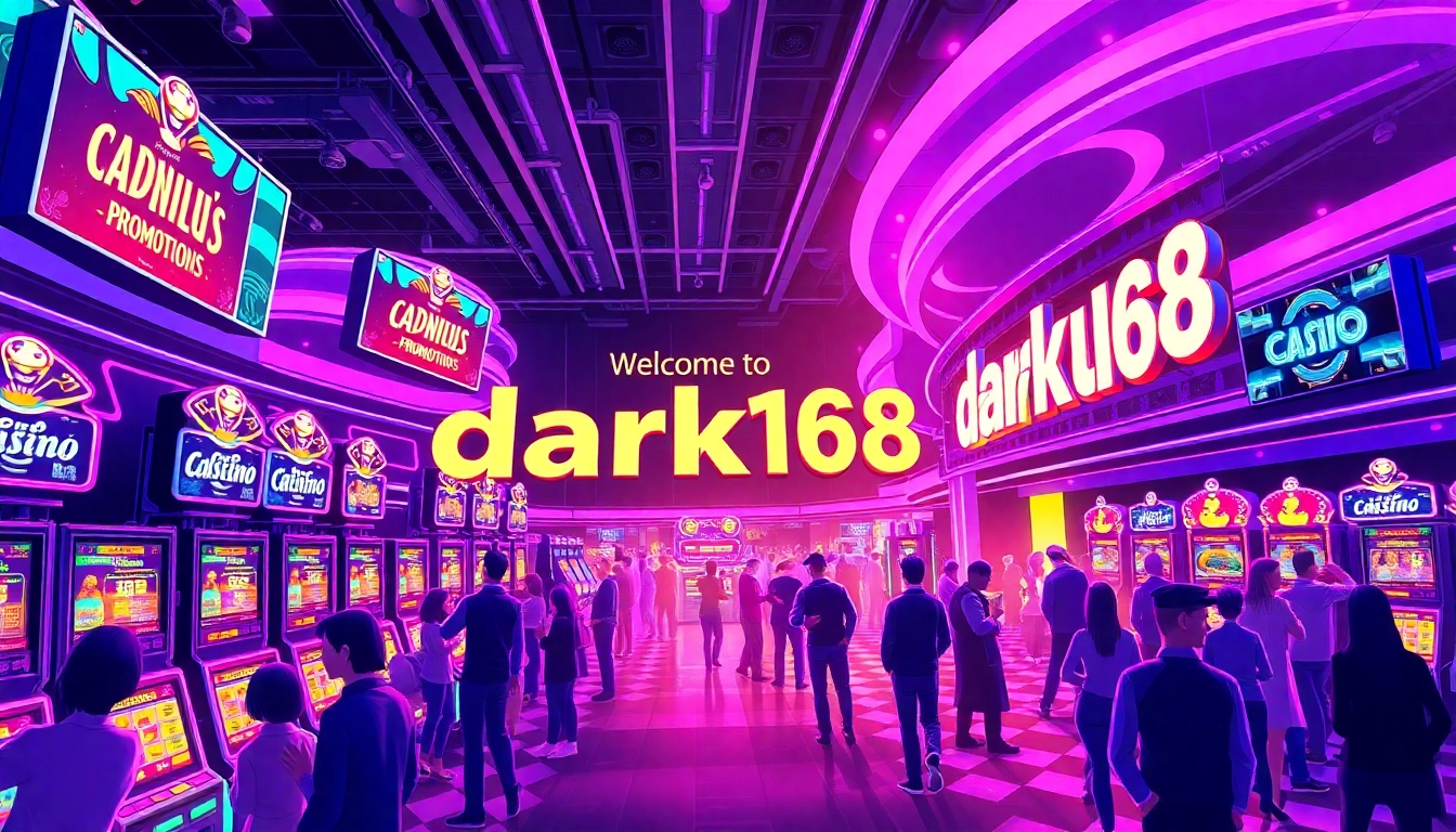 Explore the vibrant atmosphere of the dark168 casino featuring neon lights and a lively crowd.