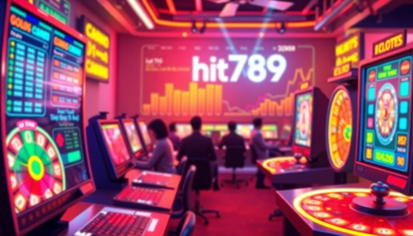 Experience the excitement of hit789 through a futuristic digital gaming interface featuring lottery tickets and vibrant neon colors.