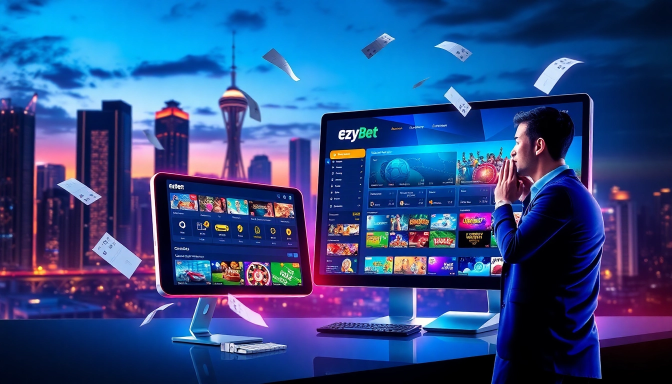 Ezybet's futuristic online betting platform featuring vibrant city skyline.