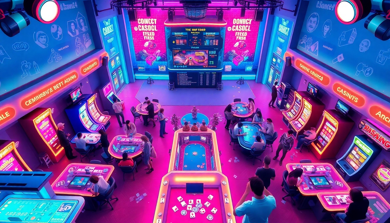 Experience the excitement of lsm44 in a bustling gaming arena with vibrant neon lights.