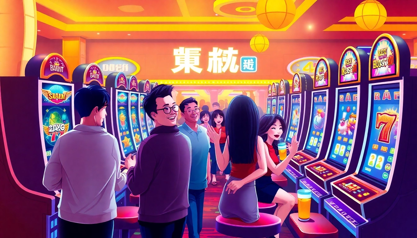 Discover the excitement of ทดลองเล่นสล็อต with diverse players enjoying vibrant slot machines in a lively casino setting.