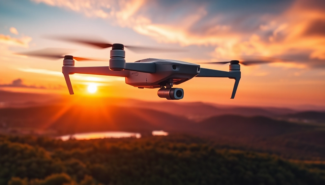 Capture the impressive F168 drone gliding through a sunset landscape, showcasing its sleek design and powerful features.