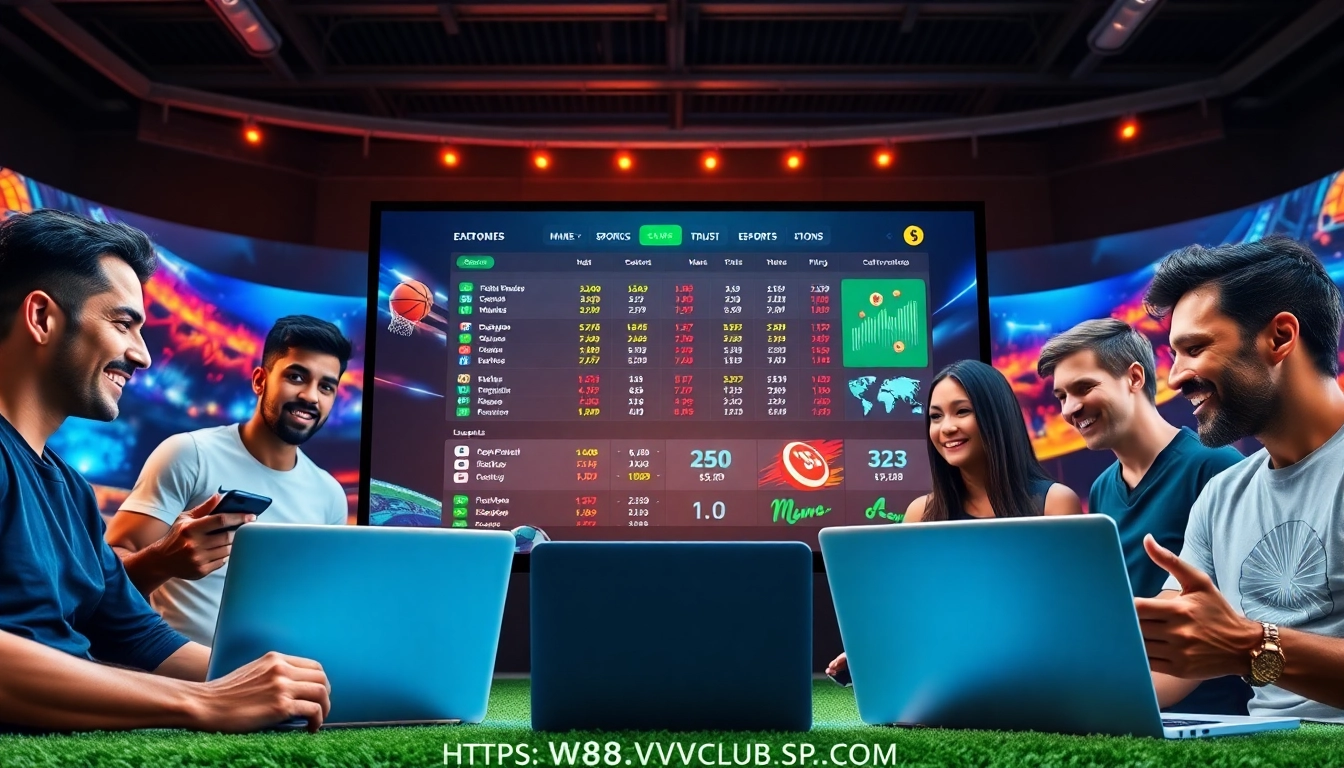 Users engaging in live sports betting at https://w88vv.club, featuring excitement and technology.