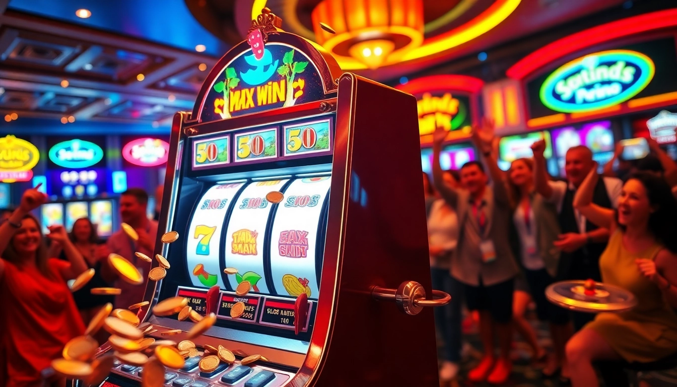 Celebrate the exhilarating moment of hitting a slot maxwin jackpot with vibrant lights and players winning.