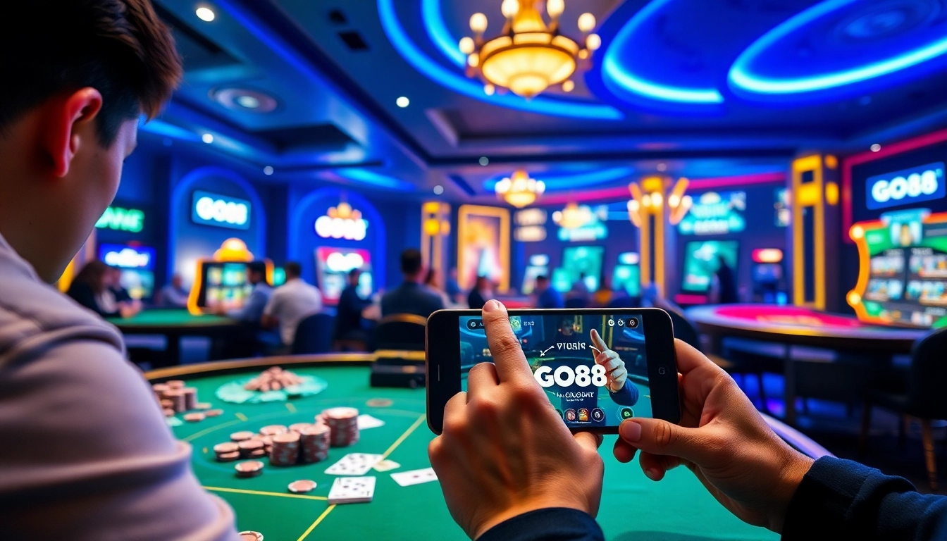 Experience the excitement of GO88 with dynamic casino gaming scenes featuring vibrant colors.