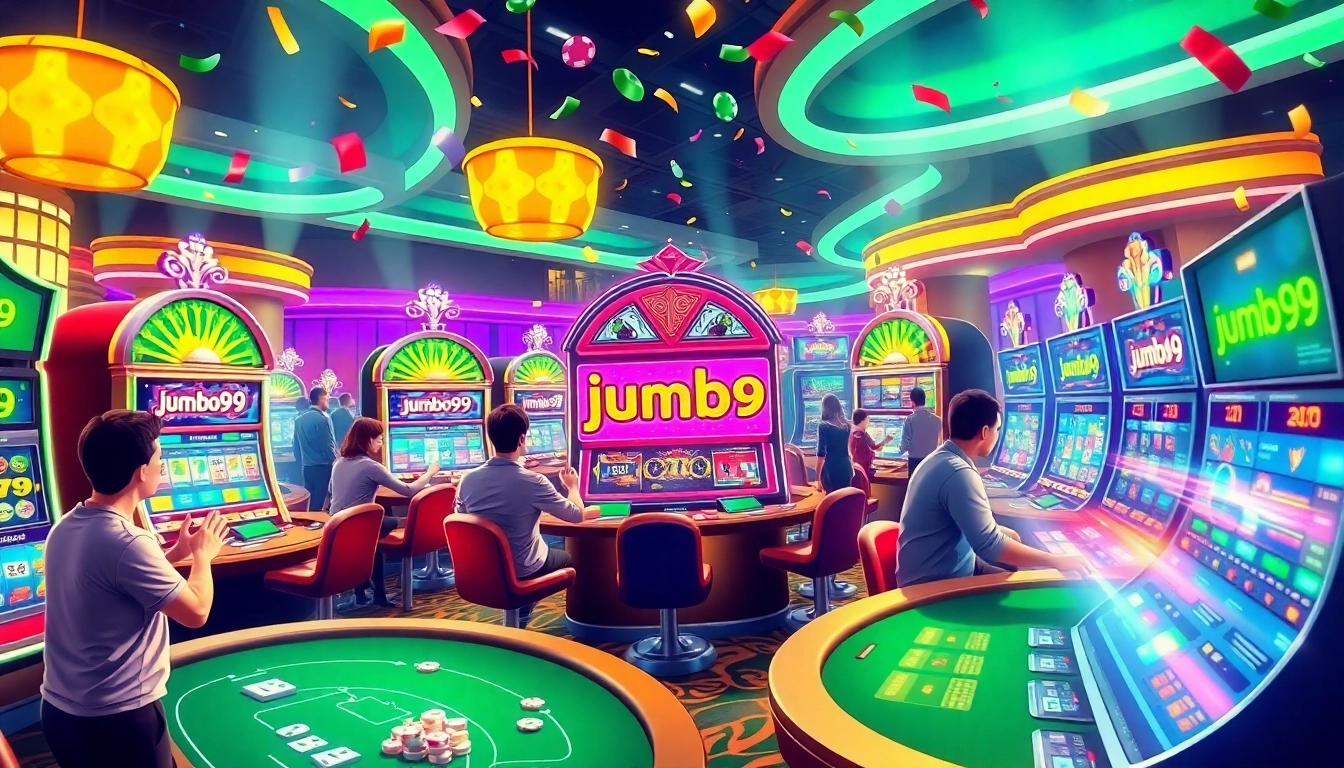 Celebrating players at the jumbo99 slot machines in a vibrant online casino scene.