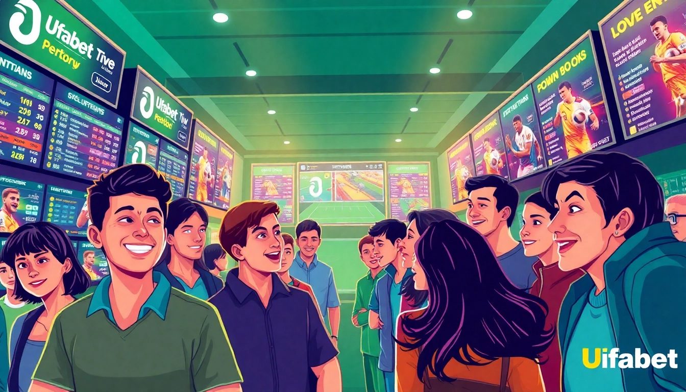 Engaging scene of dynamic sports betting, highlighting the Ufabet เว็บตรง experience with excitement and technology.