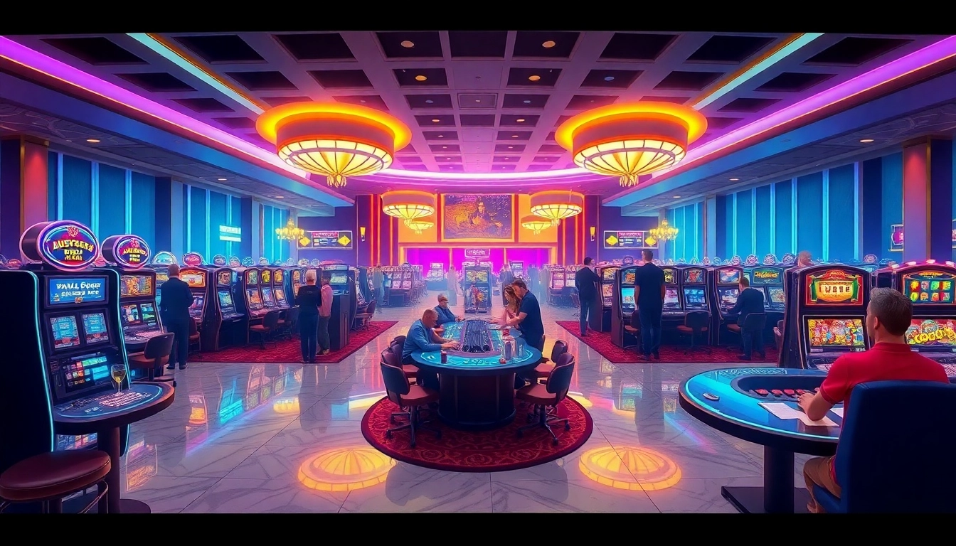 Discover the vibrant atmosphere at AusVegas Casino with energetic players and dazzling lights.