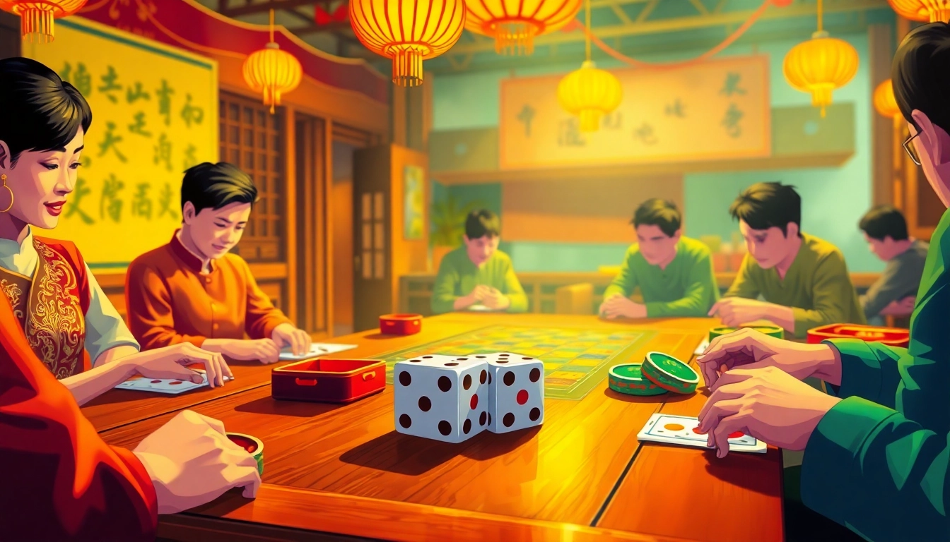 Engaging scene of a xóc đĩa gambling table with colorful tools and dice, celebrating Vietnamese culture.