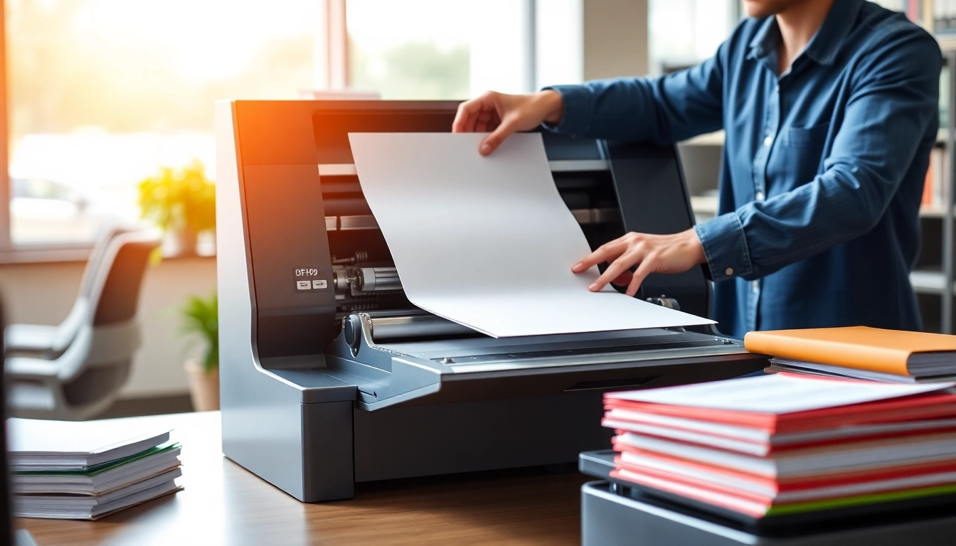 The DF999 paper folding machine in action, efficiently folding sheets in a modern office setting.