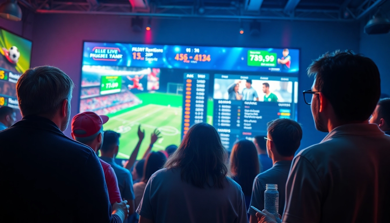 "Exciting sports betting atmosphere at https://789p.mov/ with diverse bettors engaged in live gameplay."