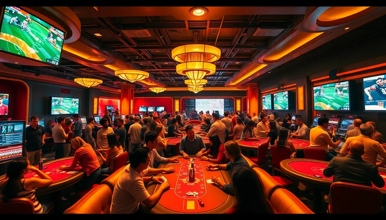 Betting excitement at SUMVIP's vibrant casino floor, showcasing cheering fans and thrilling poker tables.